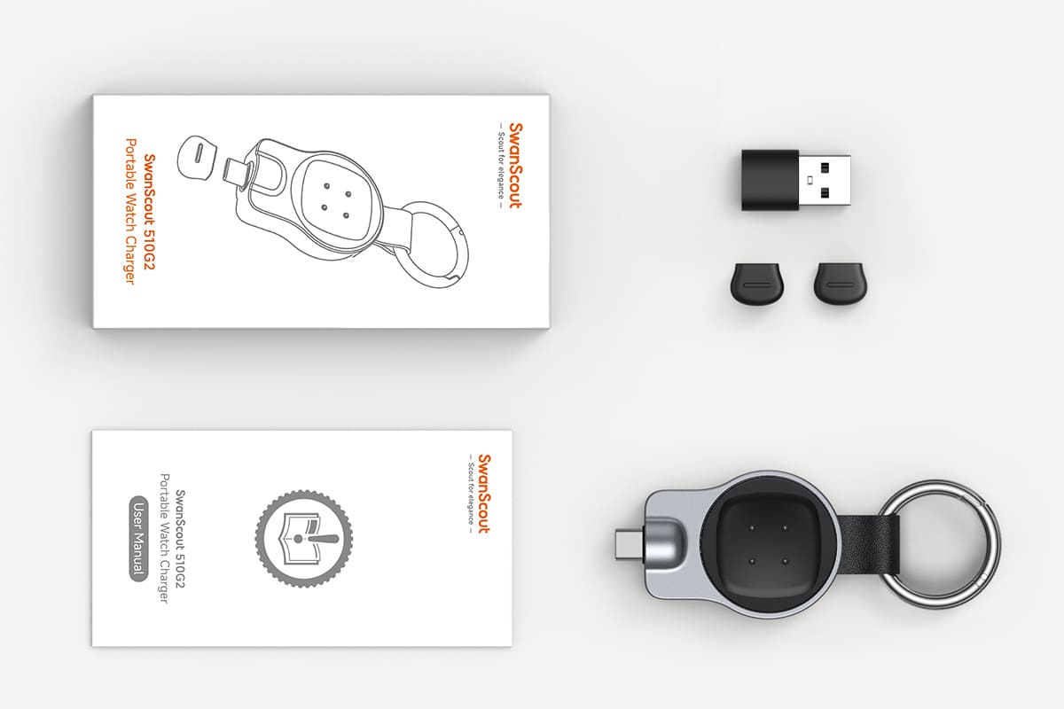 Google Pixel Watch and Fitbit USB-C charger package with silicone caps USB-A adapter and manual SwanScout 510G2