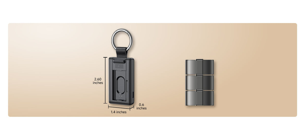 Compact Hume Band keychain charger size 2.6 x 1.4 x 0.6 inches pocket sized SwanScout 513