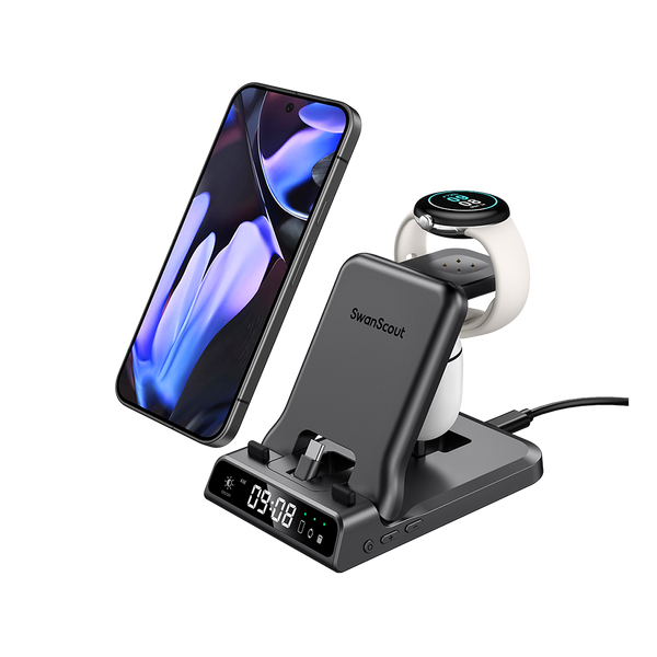 SwanScout 701G2 wired fast charger for Pixel Watch 2 and Pixel Watch 3, 3 in 1 charging station with digital clock for Google Pixel phones and Pixel Buds