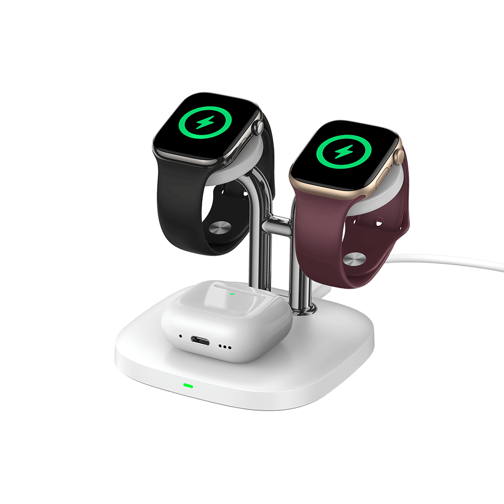 Two Apple Watches and AirPods charging on white SwanScout 704A stand