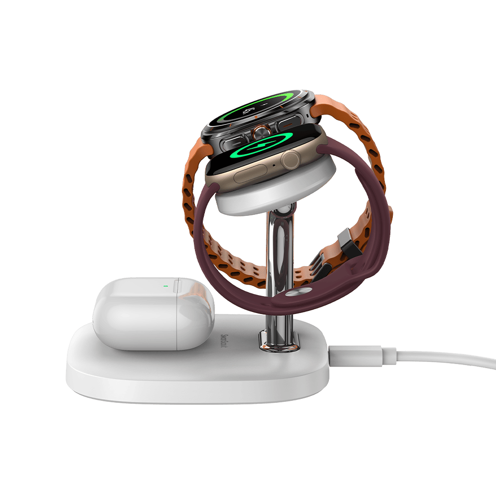 Side view of SwanScout 704D dual watch stand with earbuds resting on the base
