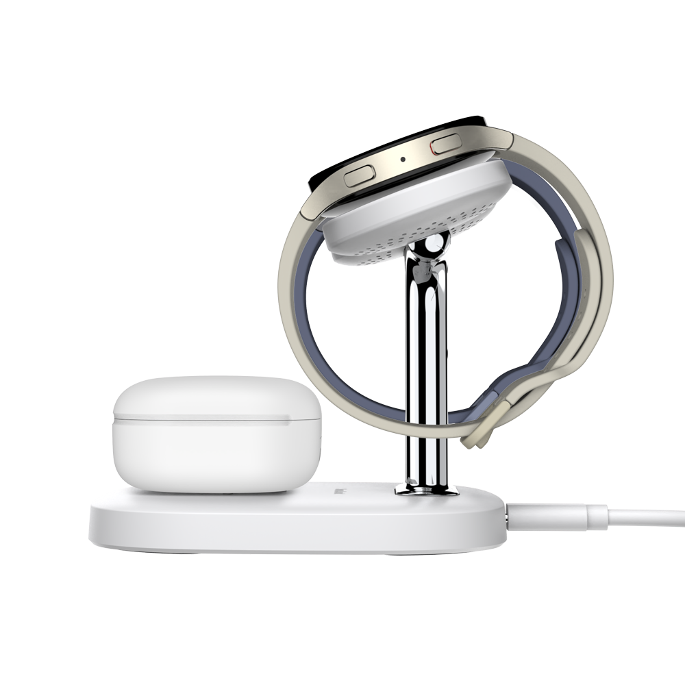 SwanScout 704S dual wireless charger for Samsung smartphones, white charging dock with side profile view