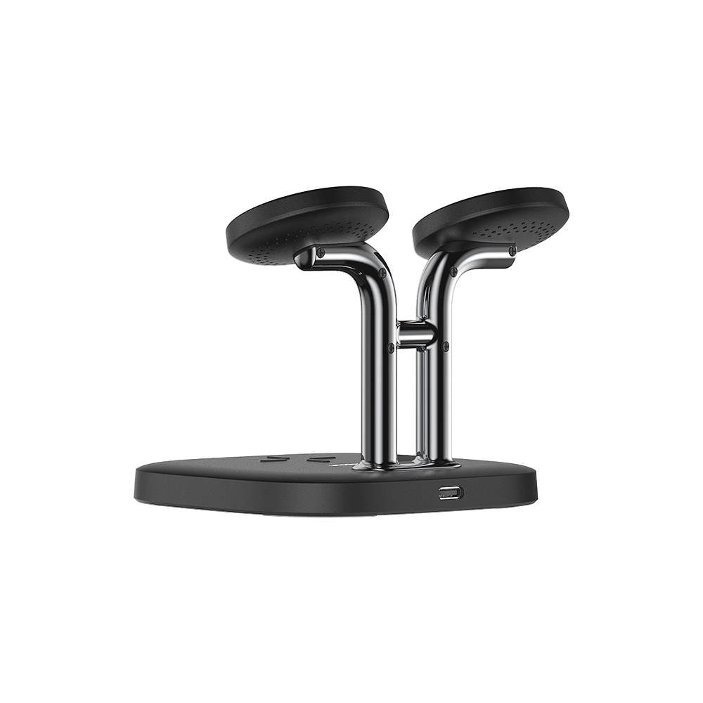 SwanScout 704S dual wireless charger for Samsung Galaxy Watch, showing rear cable management and sleek stand design