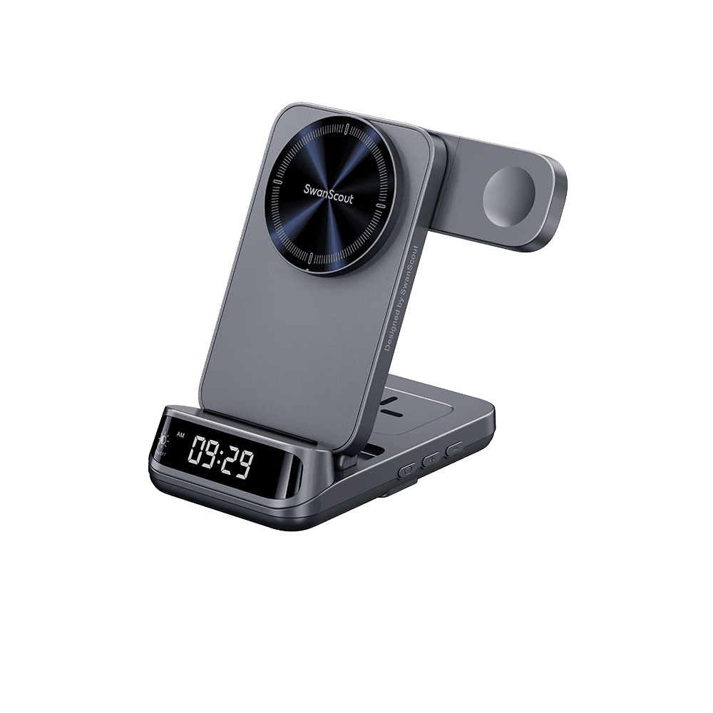 SwanScout 708M 25W magnetic wireless charger for Apple devices, showcasing front-left view of the 3-in-1 charging station.