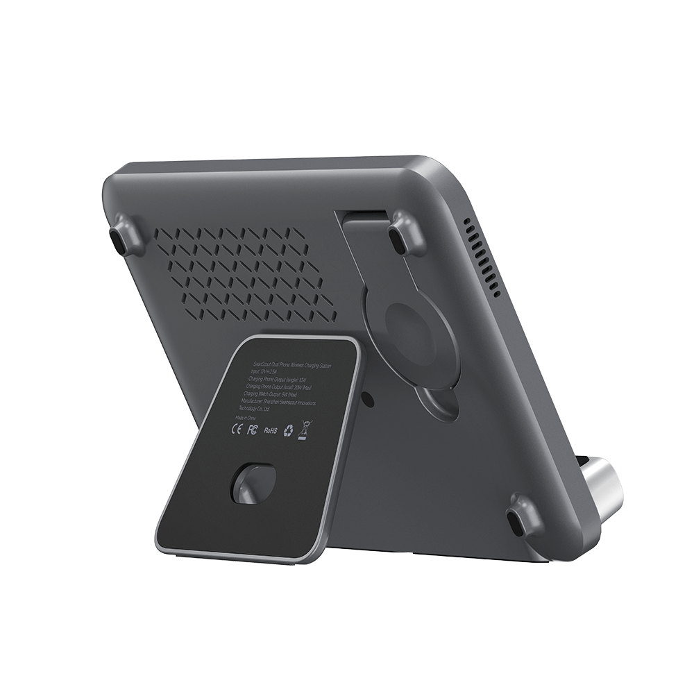 Rear-right view of the folded SwanScout 710A, demonstrating its compact foldable design for easy travel and portability