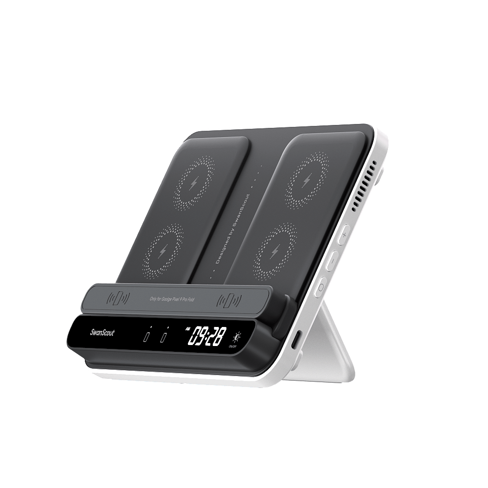 Front-right view highlighting the 75-minute fast charging for Pixel Watch 3 and the touch-control clock with 4 adjustable brightness levels