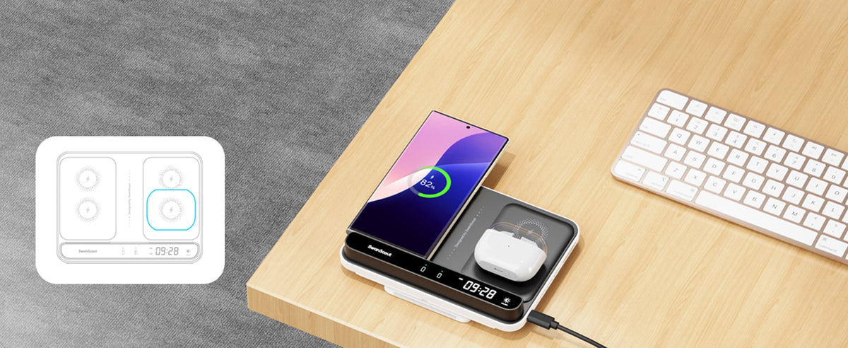 Flat charging design for horizontal phone charging and wireless earbud charging on the SwanScout 710S