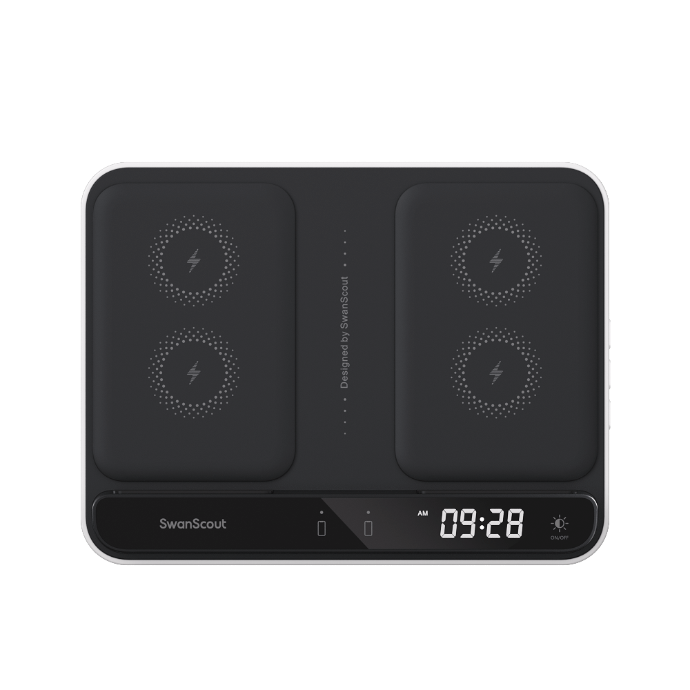 SwanScout 710S dual phone and single watch wireless charger with digital clock display for Samsung devices.