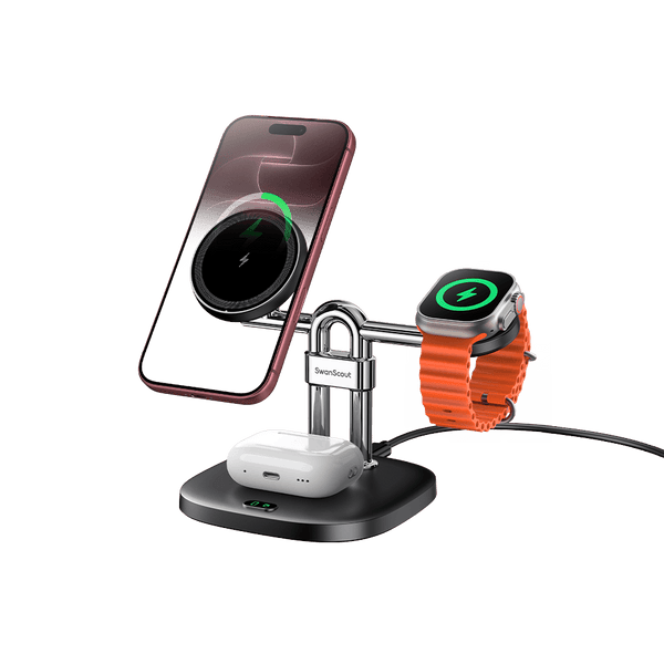3-in-1 magnetic charging station holding iPhone 18 Pro Max and Apple Watch SwanScout 712M