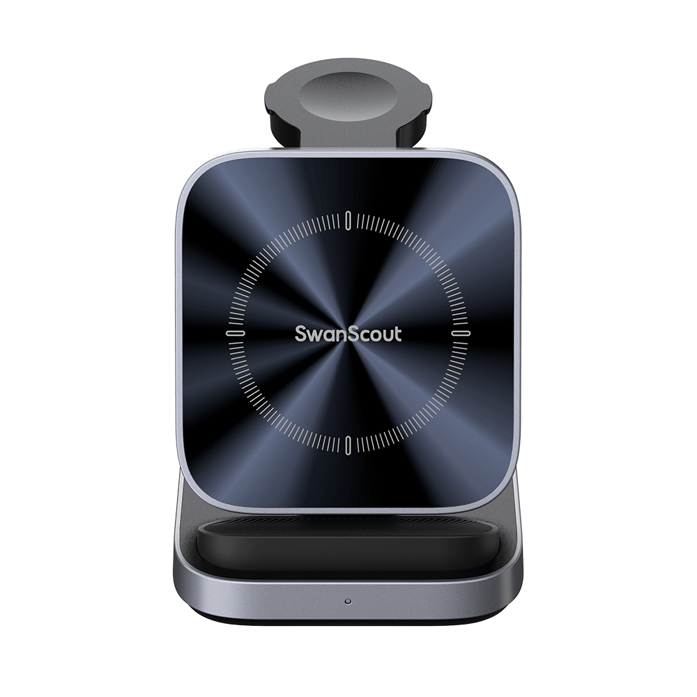 SwanScout 713A foldable 3-in-1 wireless charger station for Apple devices, compact and designed for convenient charging.