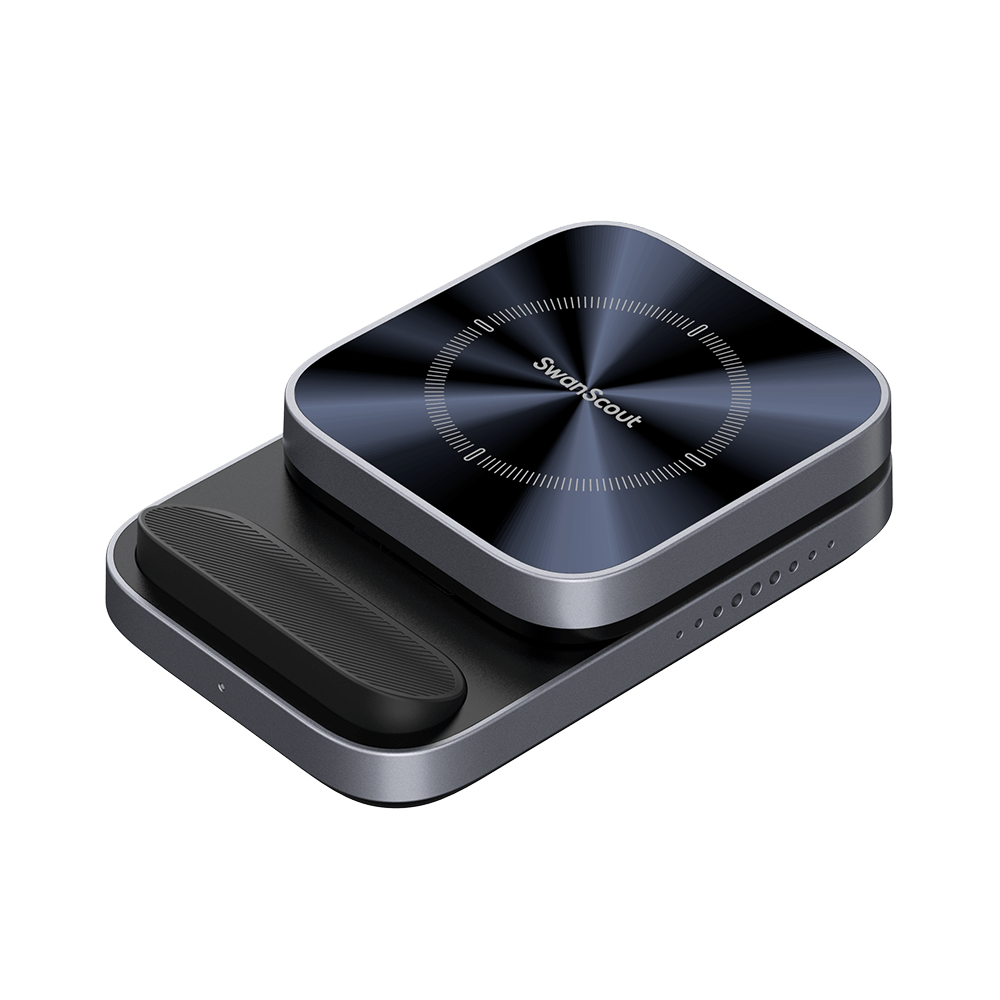 SwanScout 713A foldable 3-in-1 wireless charger for Apple devices, including iPhone and Apple Watch, in a portable travel design.