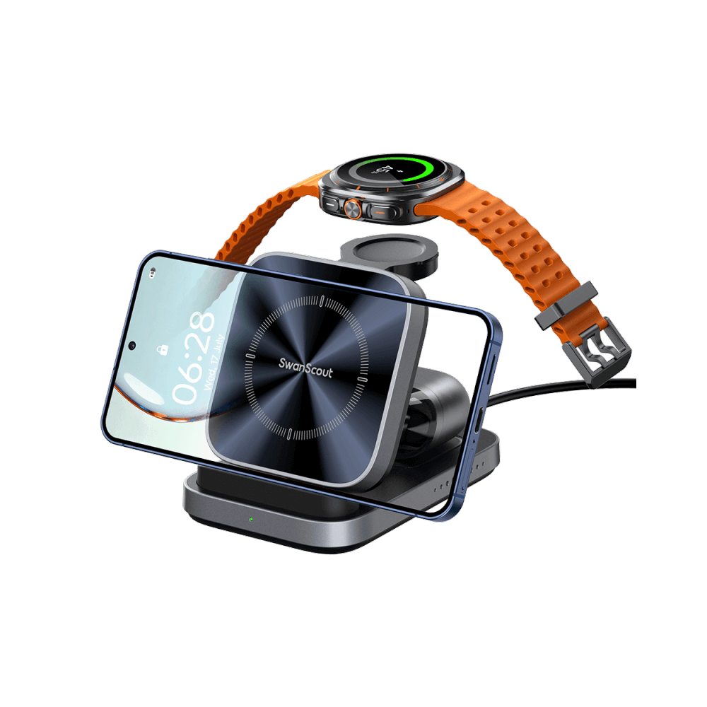 SwanScout 713S charging station powering a Samsung Galaxy S25 Ultra in horizontal mode, Galaxy Watch 8, and Buds3 Pro simultaneously