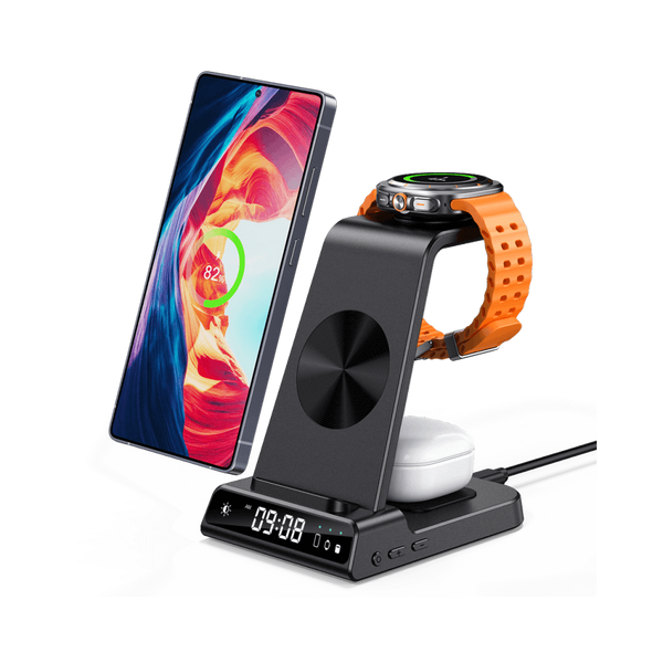 SwanScout C01 3-in-1 charging station powering a Samsung Galaxy S25 Ultra, Galaxy Watch 8, and Buds 2 Pro with an integrated digital clock
