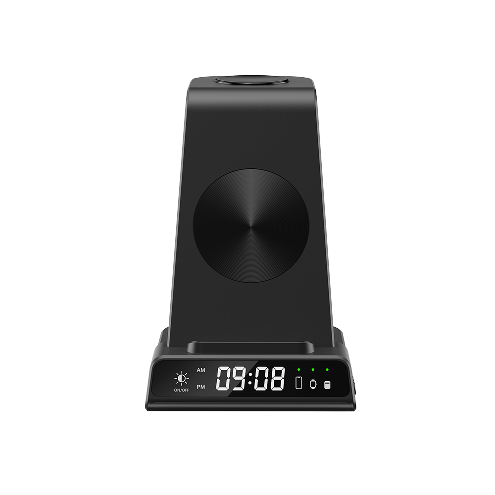 SwanScout C01 3-in-1 wireless charging stand with digital clock display for Samsung devices, featuring dimmable clock and 12/24h format