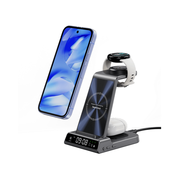 SwanScout C01G2 3-in-1 wireless charging station for Google Pixel, charging phone, smartwatch, and earbuds simultaneously.