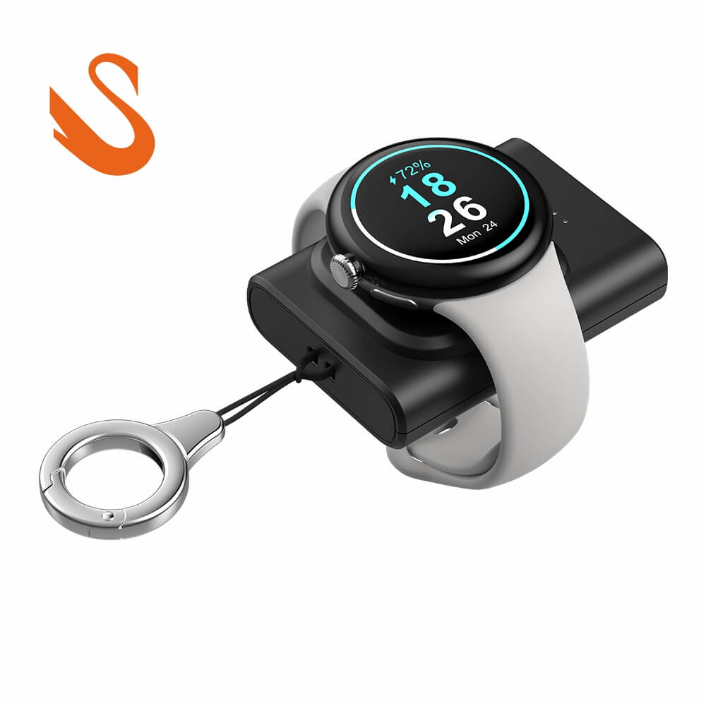 SwanScout C04G2 portable power bank charging a Google Pixel Watch 3, featuring magnetic auto-alignment for a stable connection