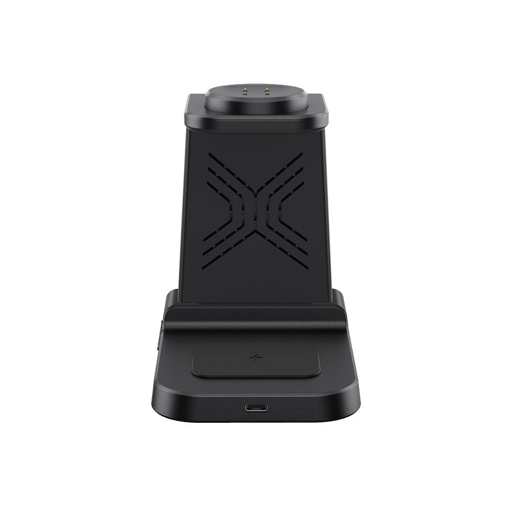 SwanScout C01FB 3-in-1 wireless charger stand for Fitbit watch, displaying the charging dock with a Fitbit device attached.