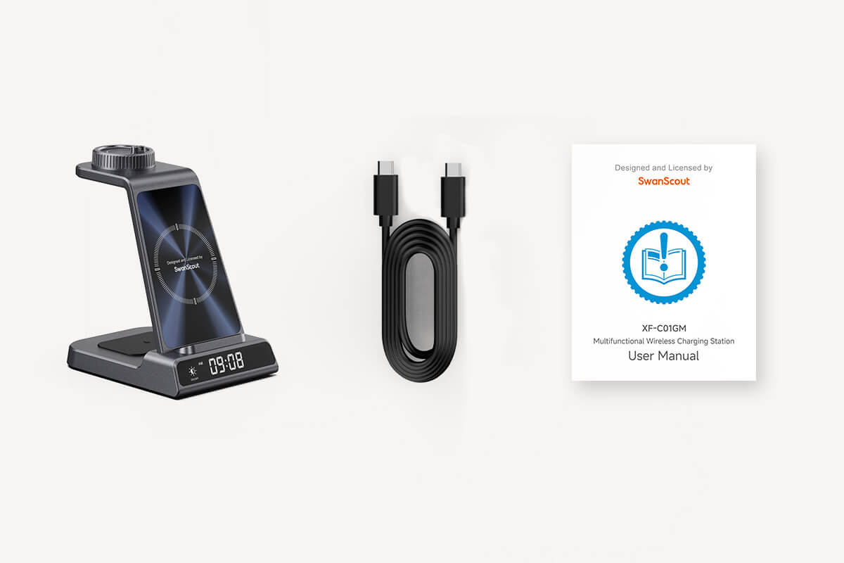 Package Includes SwanScout C01GM Charging Station, 1.5m 2A USB-C Cable, and User Manual