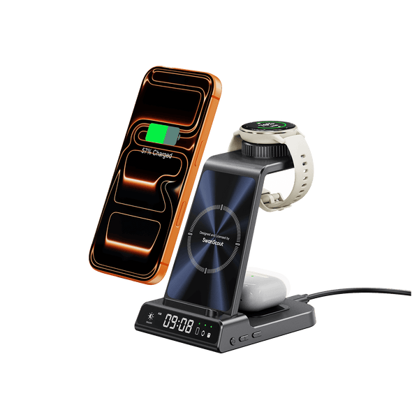 SwanScout C01GM 3-in-1 wireless charging station for Garmin Forerunner watches including Forerunner 965 and S25 Ultra.