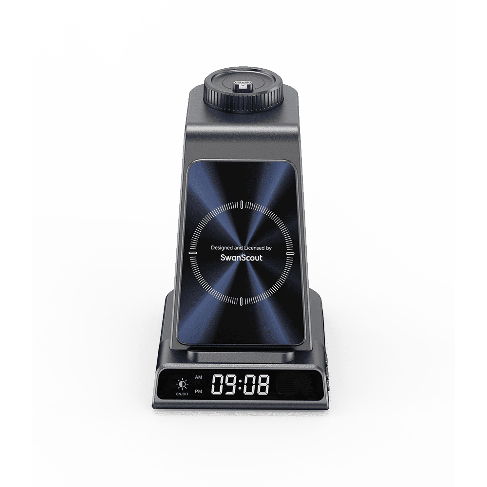 Front view of SwanScout C01GM dock with an LED digital clock at the base