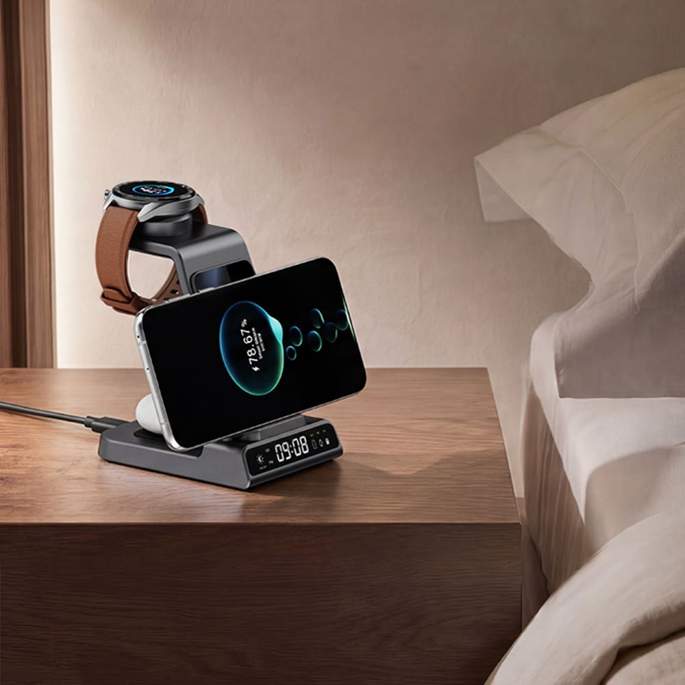 Bedside wireless charging station with digital clock charging Huawei Watch smartphone and earbuds for nightstand use SwanScout C01HW