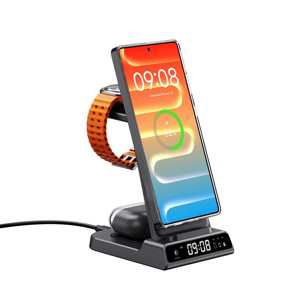 Samsung magnetic wireless charger with built in clock charging Galaxy S26 Ultra phone Galaxy Watch and Galaxy Buds right front view SwanScout C01SM