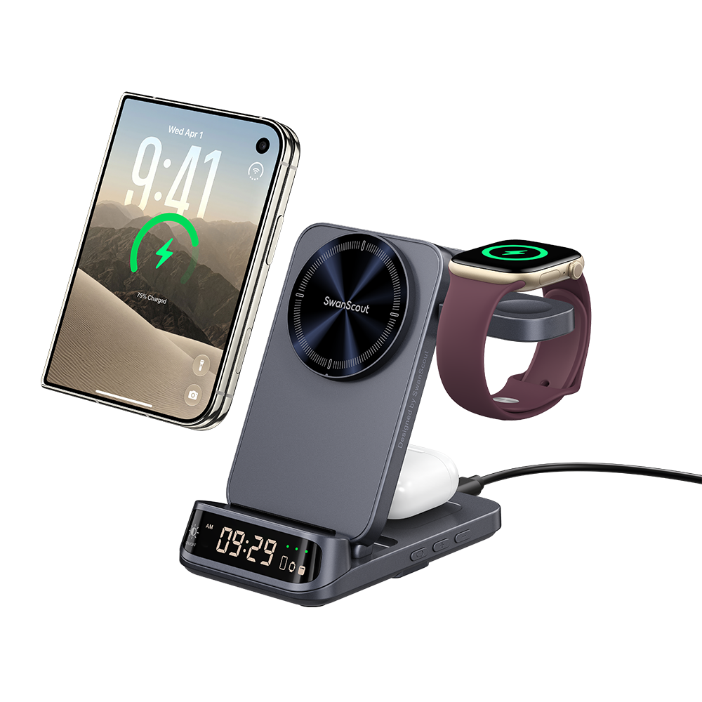 Wireless car charger powering iPhone Duo earbuds and watch with SwanScout S10025M